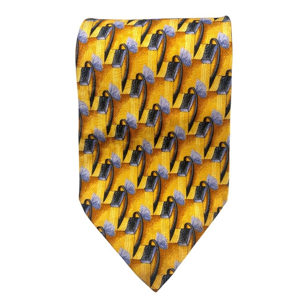 Ermenegildo‎ Zegna 100% Silk Tie Yellow Blue Black Geometric Pattern